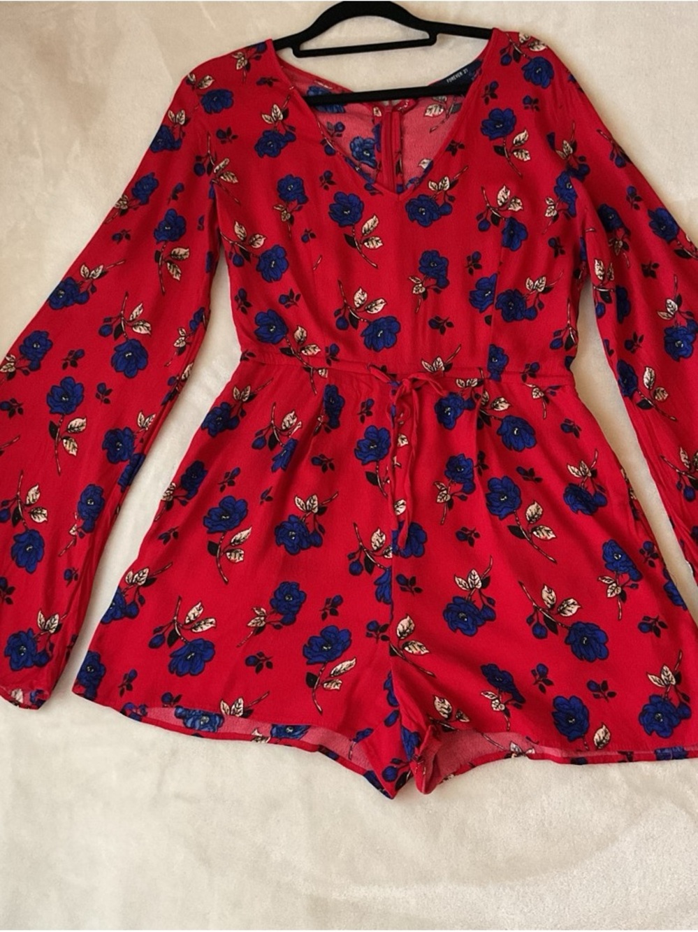 Forever 21 Red Floral Top with Blue and Black Accents